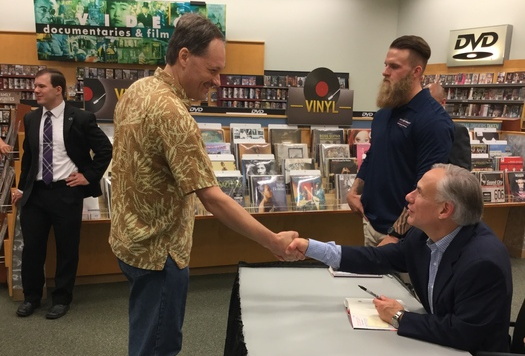 Shaking Hands with Governor Abbott: Jerry Stratton shaking hands with Governor Greg Abbott at the Round Rock Barnes & Noble on May 25, 2016.; Jerry Stratton; Greg Abbott