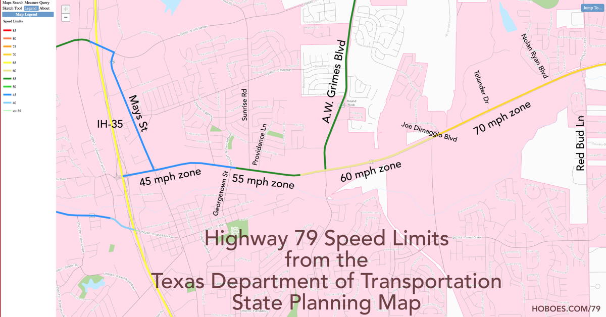 Highway 79 speed limits thumbnail: Thumbnail of the Texas State Planning Map speed limits on Highway 79 in Round Rock, east of IH-35.; thumbnails; Round Rock