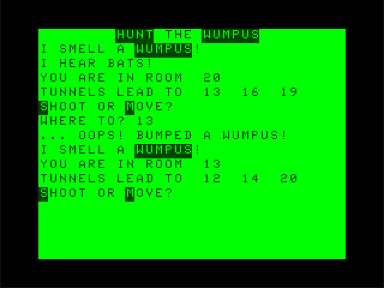 I smell a Wumpus: “I smell a Wumpus”, “Oops! Bumped a Wumpus!” from the Color Computer version of Hunt the Wumpus.; Color Computer; CoCo, TRS-80 Color Computer; computer history