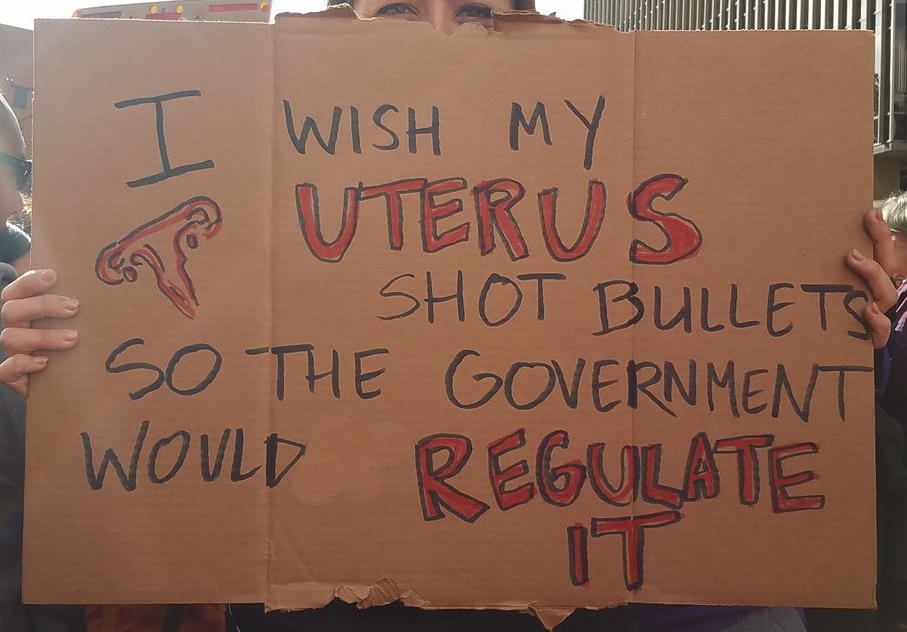 Marching for uterus control: San Diego marcher demands that government treat her uterus like a gun.; California; ignorant gun control comparisons