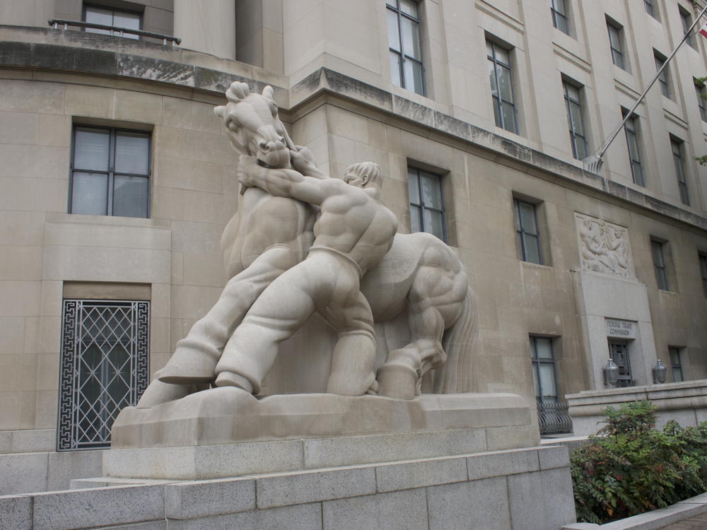 Man Controlling Trade: “Man Controlling Trade is the name given to two monumental equestrian statues created by Michael Lantz for the Federal Trade Commission Building in Washington, D.C… The works were dedicated in 1942.”; Washington, DC; free trade