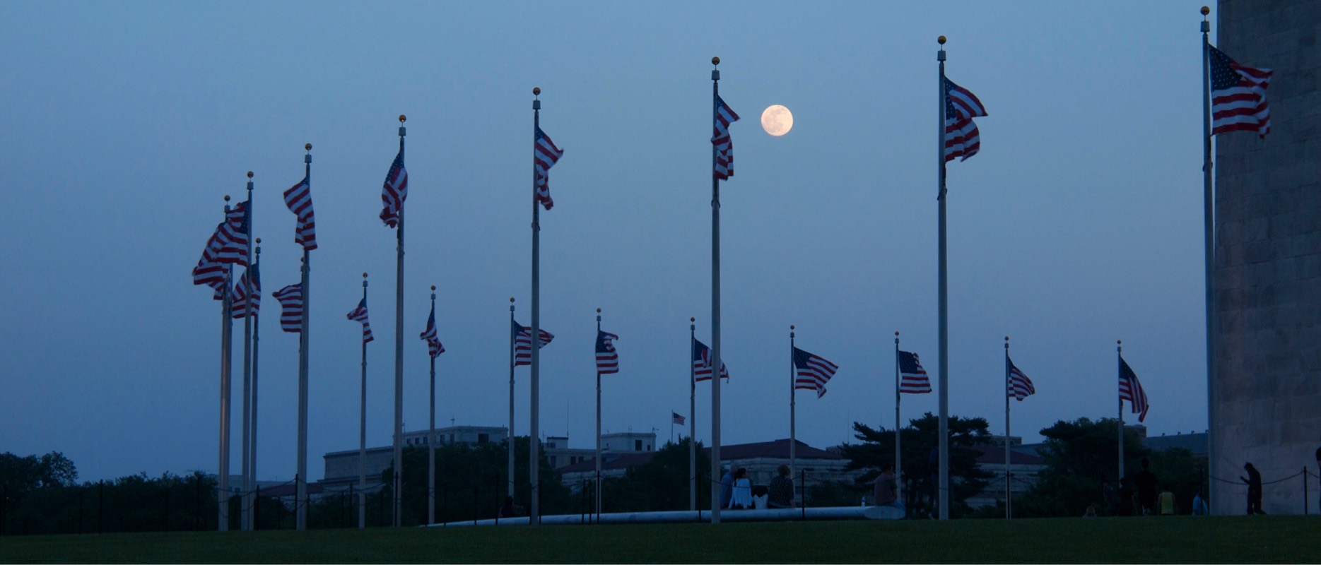 Washington Monument flags: Flags around the Washington Monument, and a full moon.; American flag; George Washington