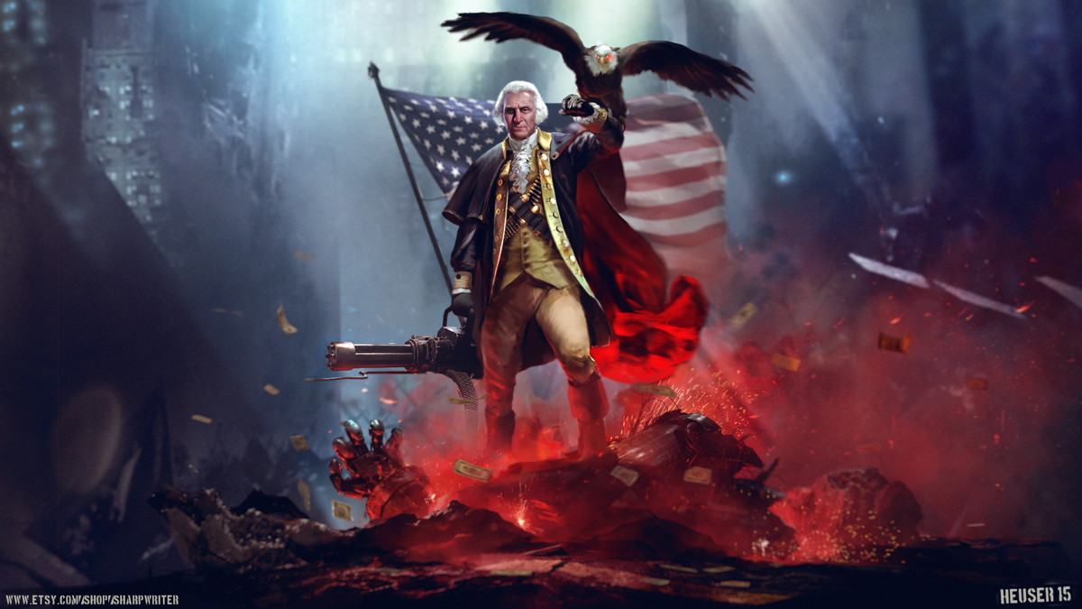 George Washington goes to war: With an eagle on his arm and a flag behind him.; patriotism; American flag; George Washington