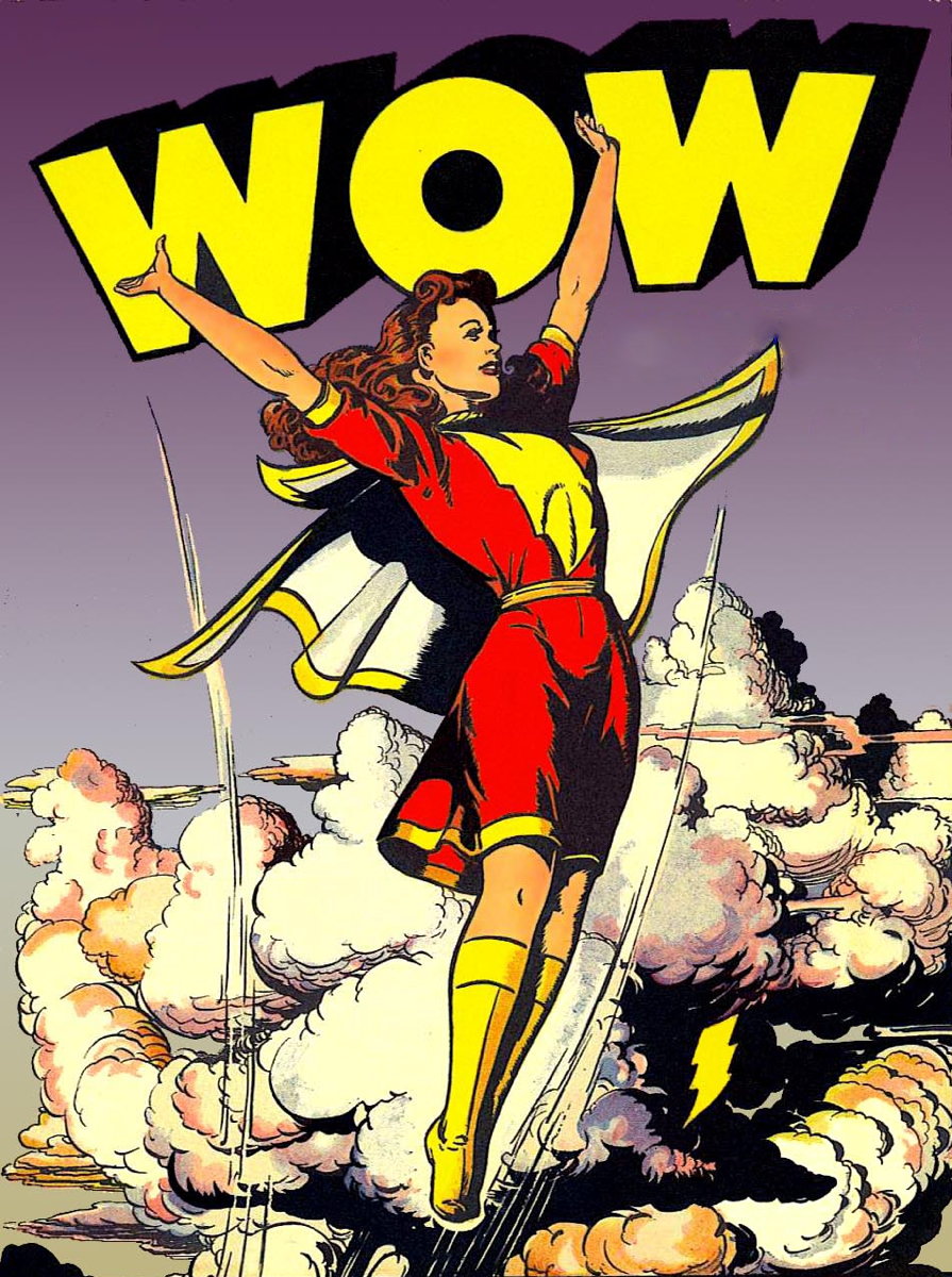 Mary Marvel: Wow! Mary Marvel, from Wow Comics 18, soaring through the clouds utterly happy.; comic books; superheroes; happiness; Marvel Family; Captain Marvel, Mary Marvel