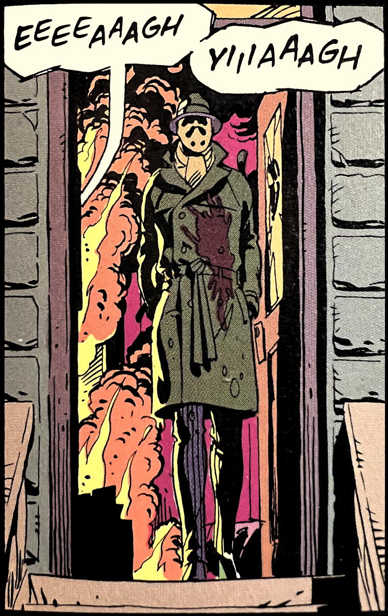 Rorschach walking from a burning building: Rorschach, in Watchmen, walking from a burning building that he set to kill a child rapist and killer.; Alan Moore; Watchmen; fire; Dave Gibbons