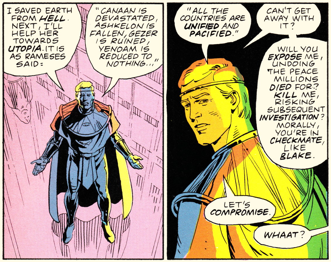 Adrian Veidt: Let’s compromise: Scene from Watchmen. Adrian Veidt has achieved his transformation of Hell to Heaven. Shall we compromise? he asks.; Alan Moore; Watchmen; compromise; Dave Gibbons