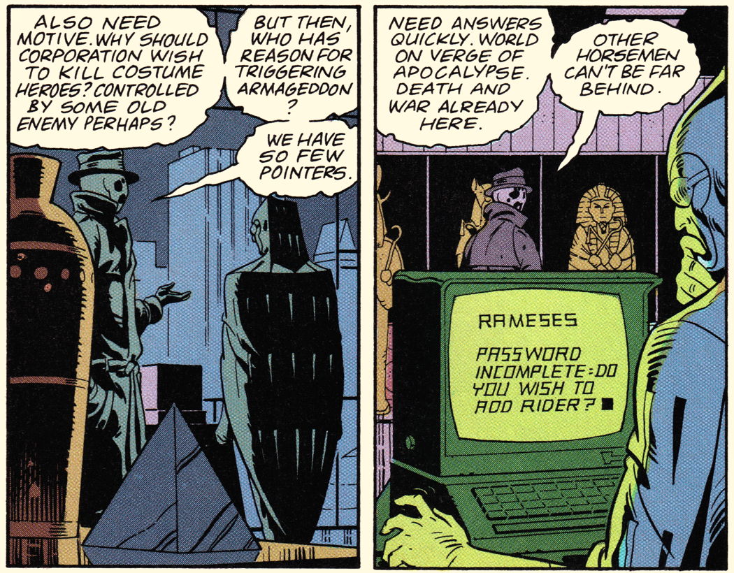 Veidt’s poor password choice: Adrain Veidt’s poor password choice given the Egyptian symbolism everywhere in his holdings is sadly too common even today. From Watchmen, Chapter X, “Two Riders Were Approaching”, page 20.; passwords; Alan Moore; Watchmen; Egypt; Dave Gibbons