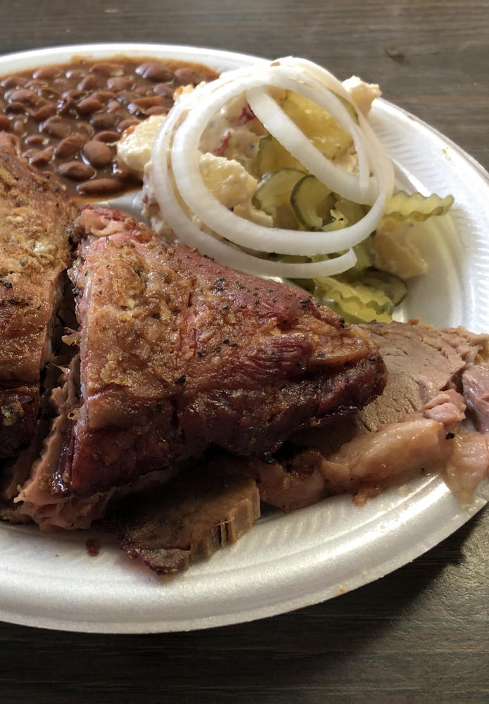 Schwab’s brisket and ribs: The brisket and ribs at Schwab’s are great. As is the potato salad.; barbeque; barbecue, BBQ, grill; New Braunfels