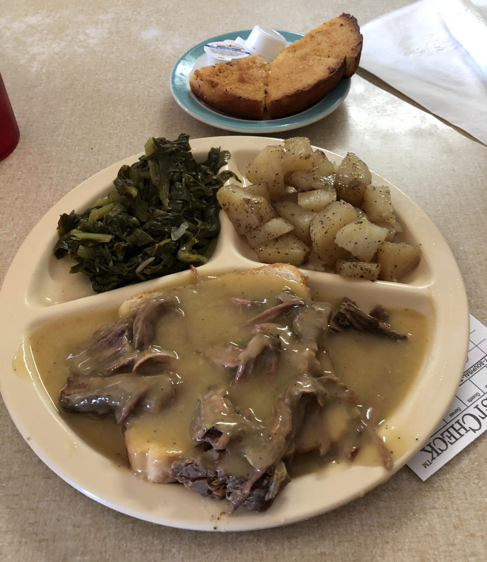 Roast beef and turnip greens: Roast beef on toast, potatoes, and turnip greens from Zarzour’s Café in Chattanooga.; restaurants; beef; Chattanooga
