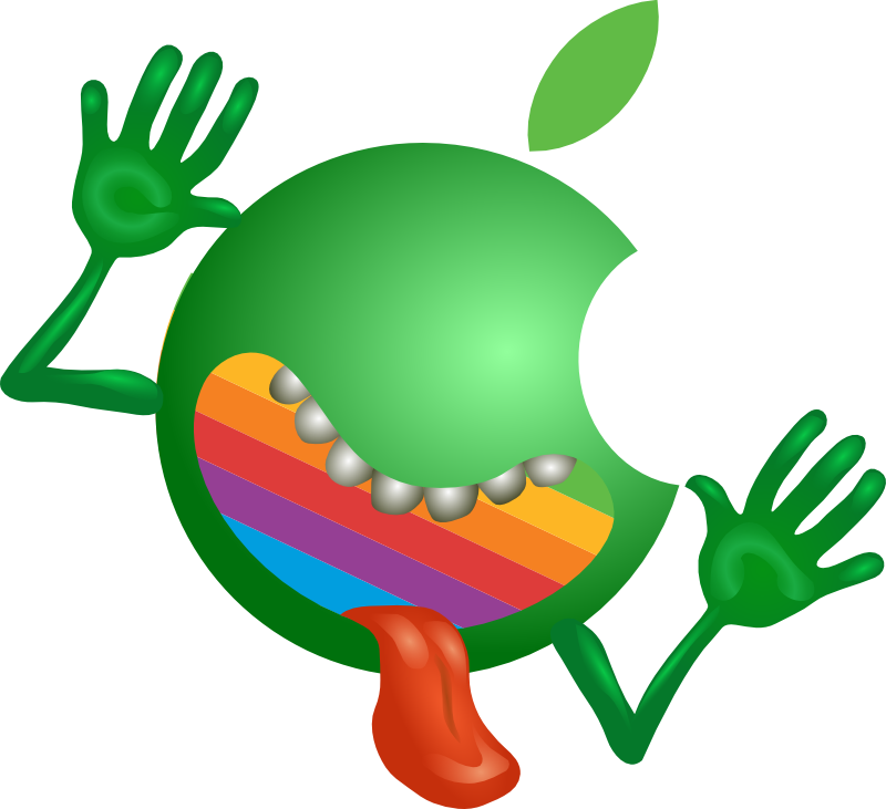 Alien Apple: The Hitchhiker’s Guide to the Galaxy with a bite out of it. (Original don’t panic image from Dan Gerhard at Wikimedia Commons.); Douglas Adams; Apple