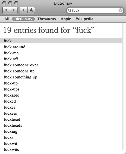 Apple Oxford Fuck: A search for “fuck” in the built-in Macintosh dictionary.; Apple; dictionary