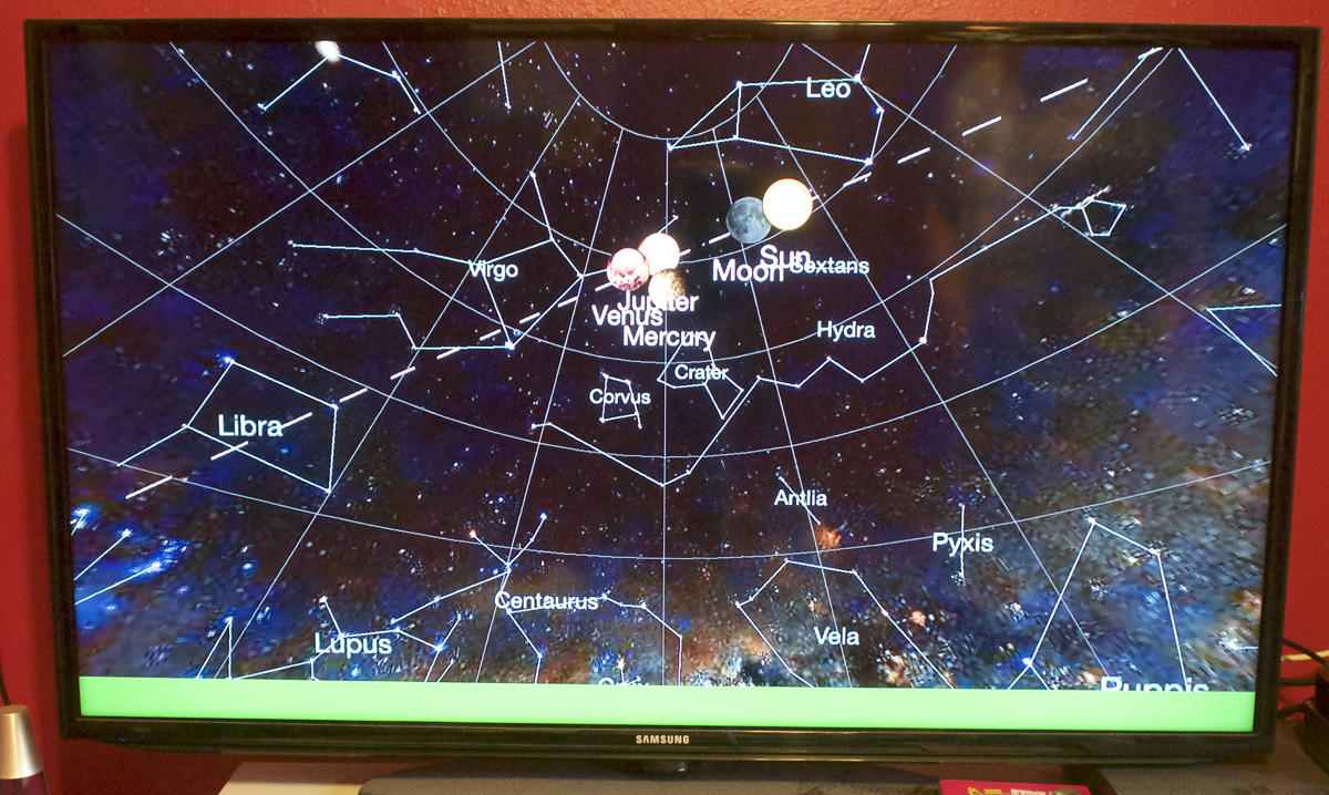 Planets app on Apple TV: The Planets app on the Apple TV shows constellations and planets for September 1, 2016.; astronomy; Apple TV; tvOS apps