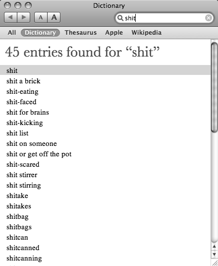Apple Oxford Shit: A search for “shit” in the built-in Macintosh dictionary.; Apple; dictionary