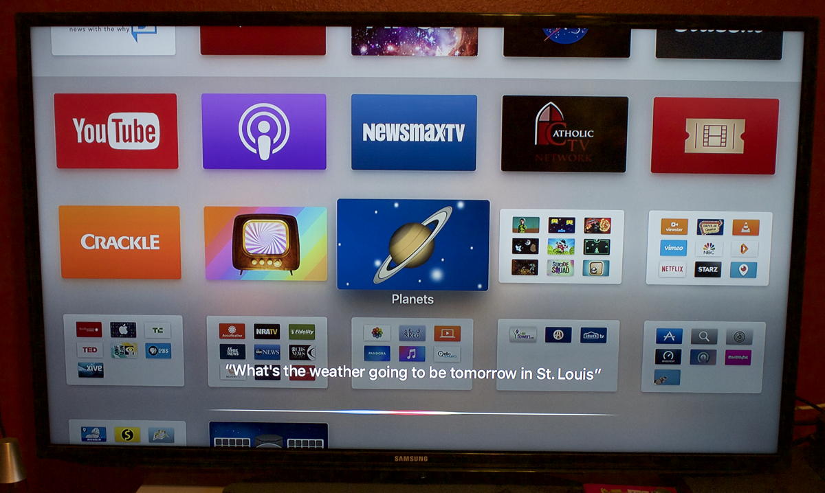 Asking Siri for the weather: Asking Siri for the weather in St. Louis on the Apple TV, on September 1, 2016.; Apple TV; Siri