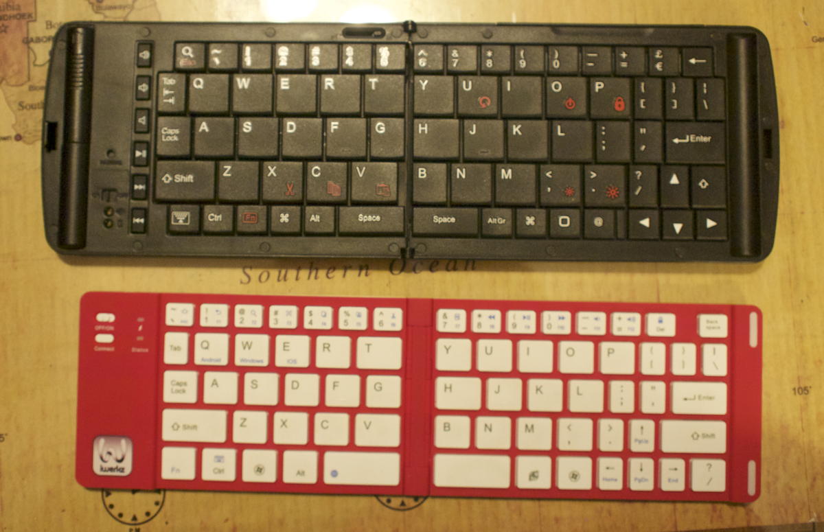 Verbatim and iWerkz folding keyboards: The Verbatim and iWerkz folding keyboards compared, unfolded.; keyboards; Verbatim