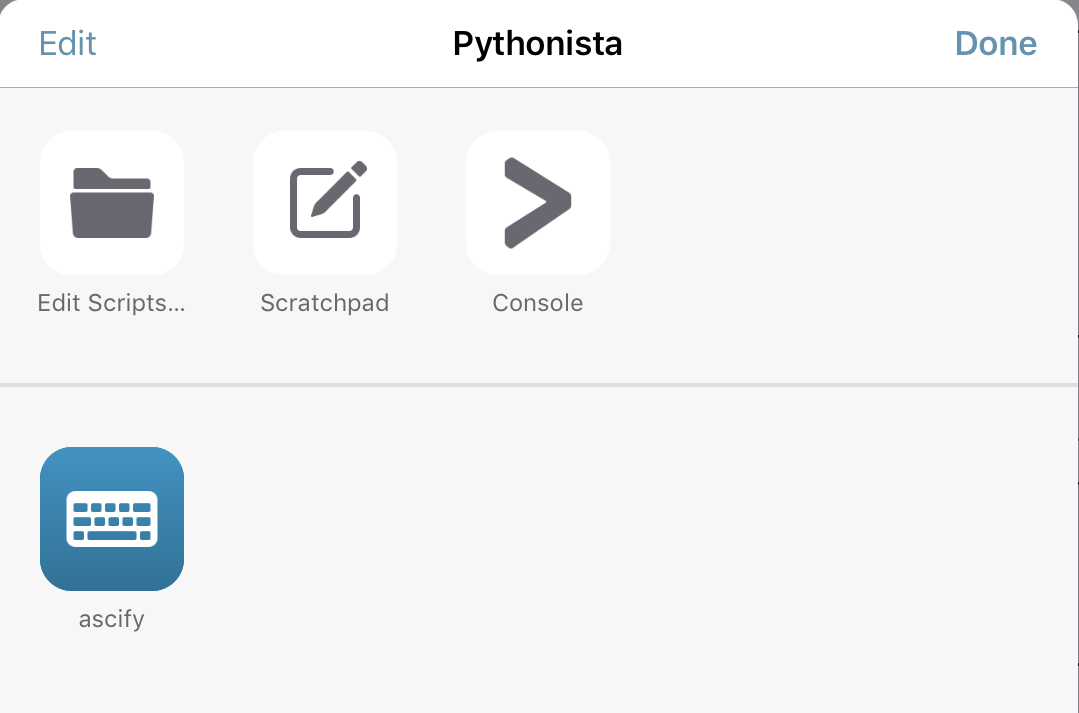 Pythonista share screen: When sharing, Pythonista lets you run any local script, and add some scripts as shortcuts.; iPad; Pythonista