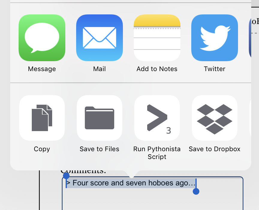 Sharing pop-up: Sharing options from the highlight bar for selected text.; iPad; Pythonista