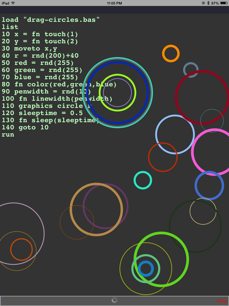 Drag circles in HotPaw Basic: This BASIC program on iOS draws a circle where you are touching the screen.; iOS apps; BASIC; Beginners All-purpose Symbolic Instruction Code