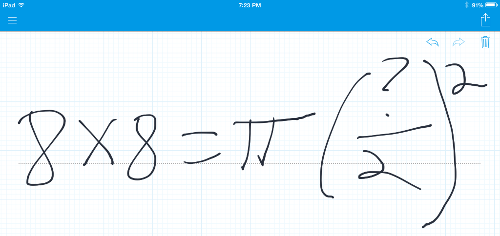 MyScript Calculator scrawl: Asking MyScript Calculator to compare the area of a known square to an unknown circle.; calculators