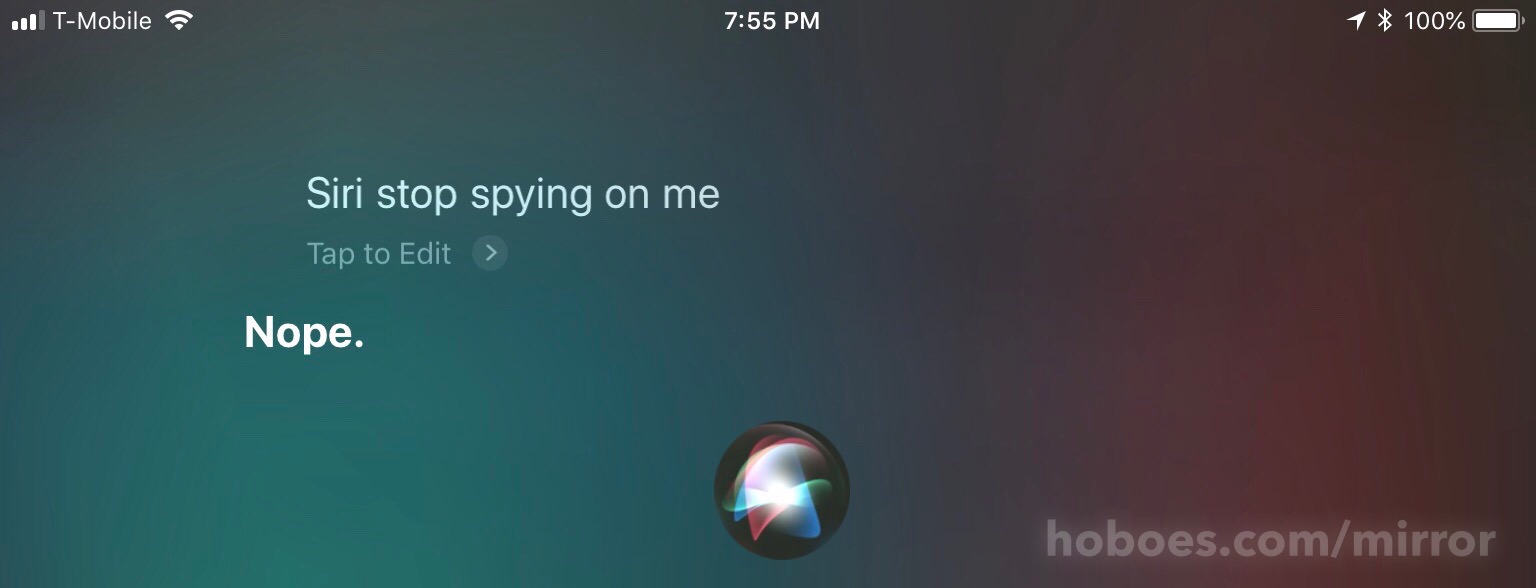 Stop spying: Siri, stop spying on me.

Nope.; Apple; Siri