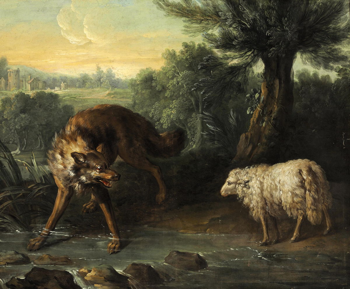 Jean-Baptiste Oudry’s The Wolf and the Lamb: The Wolf and the Lamb by Jean-Baptiste Oudry; fable 10, in which a lamb wins the argument but loses the case. “Might is right… the verdict goes to the strong.”; animals; reason; art; justice; fables