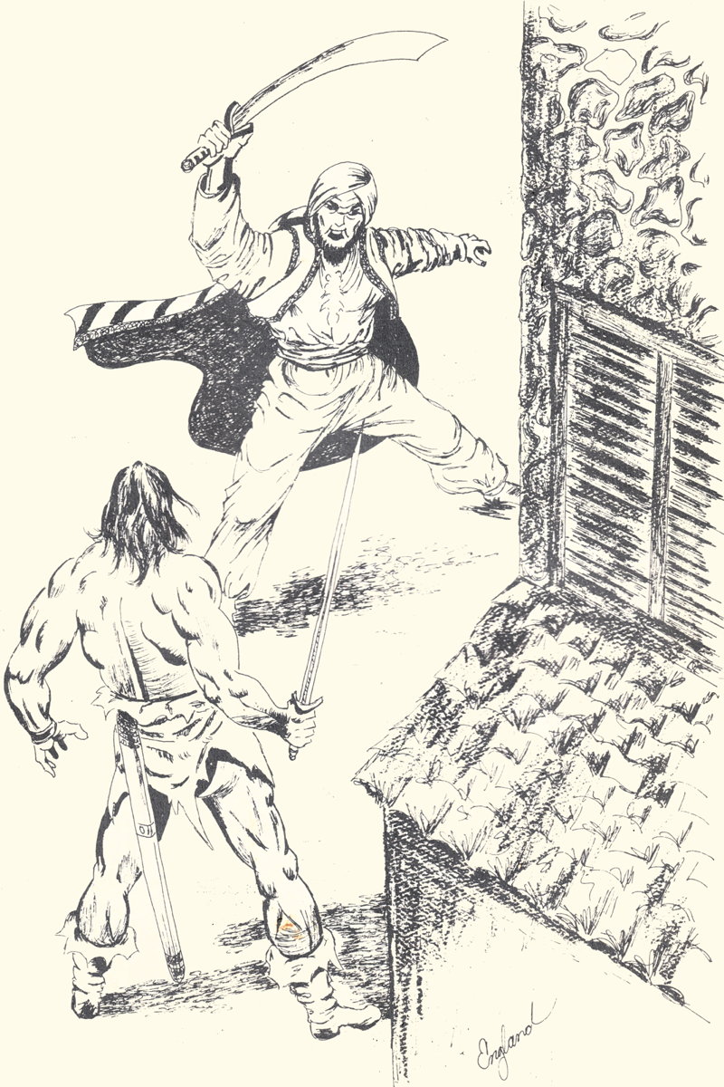 Sheryl England’s Sinbad vs. Conan: Back cover illustration by Sheryl England for the Judges Guild Island Book 1.; Judges Guild; Inspirational fantasy art; Sheryl England