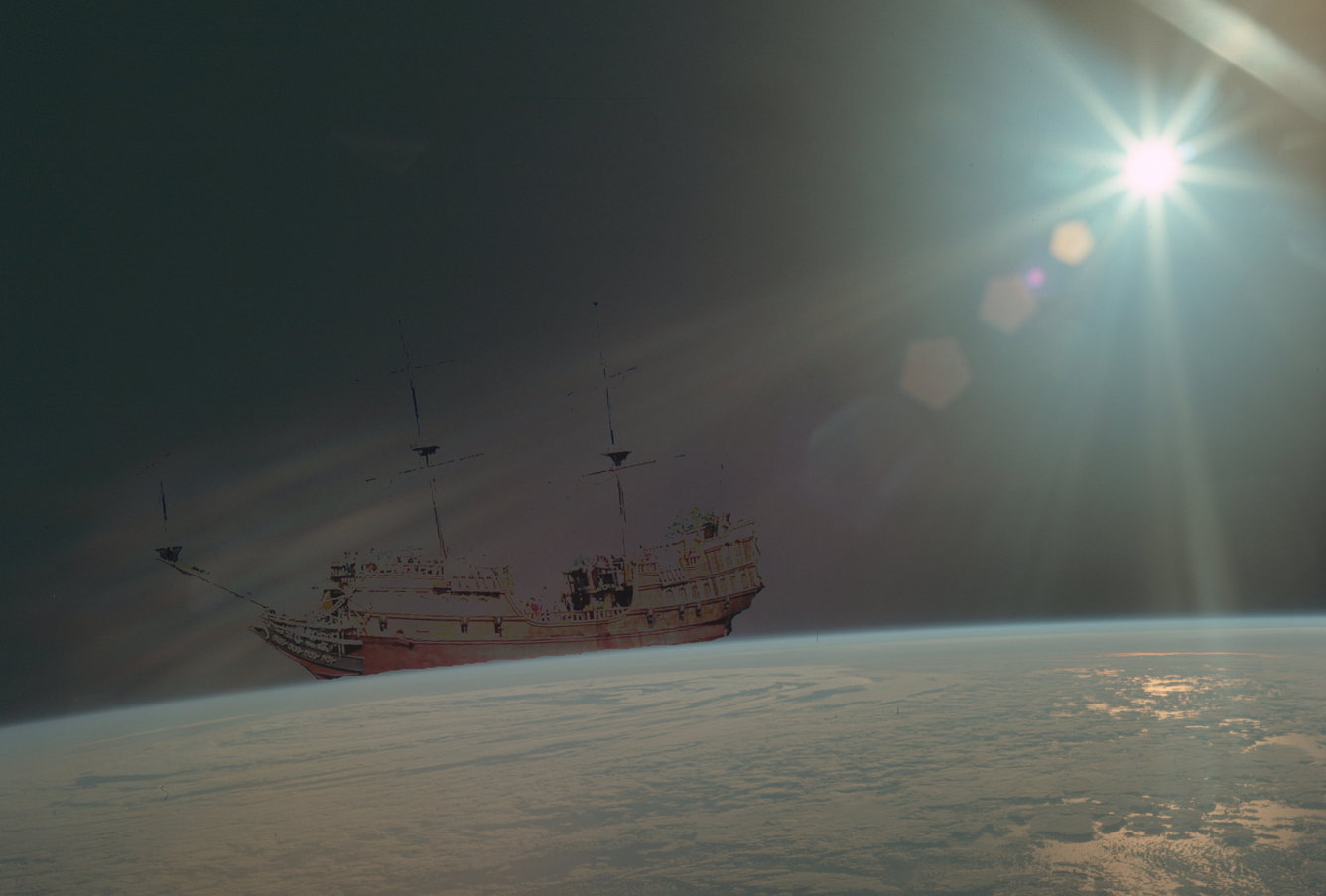 Galleon over earth horizon: A galleon coming over the horizon in space.; world above