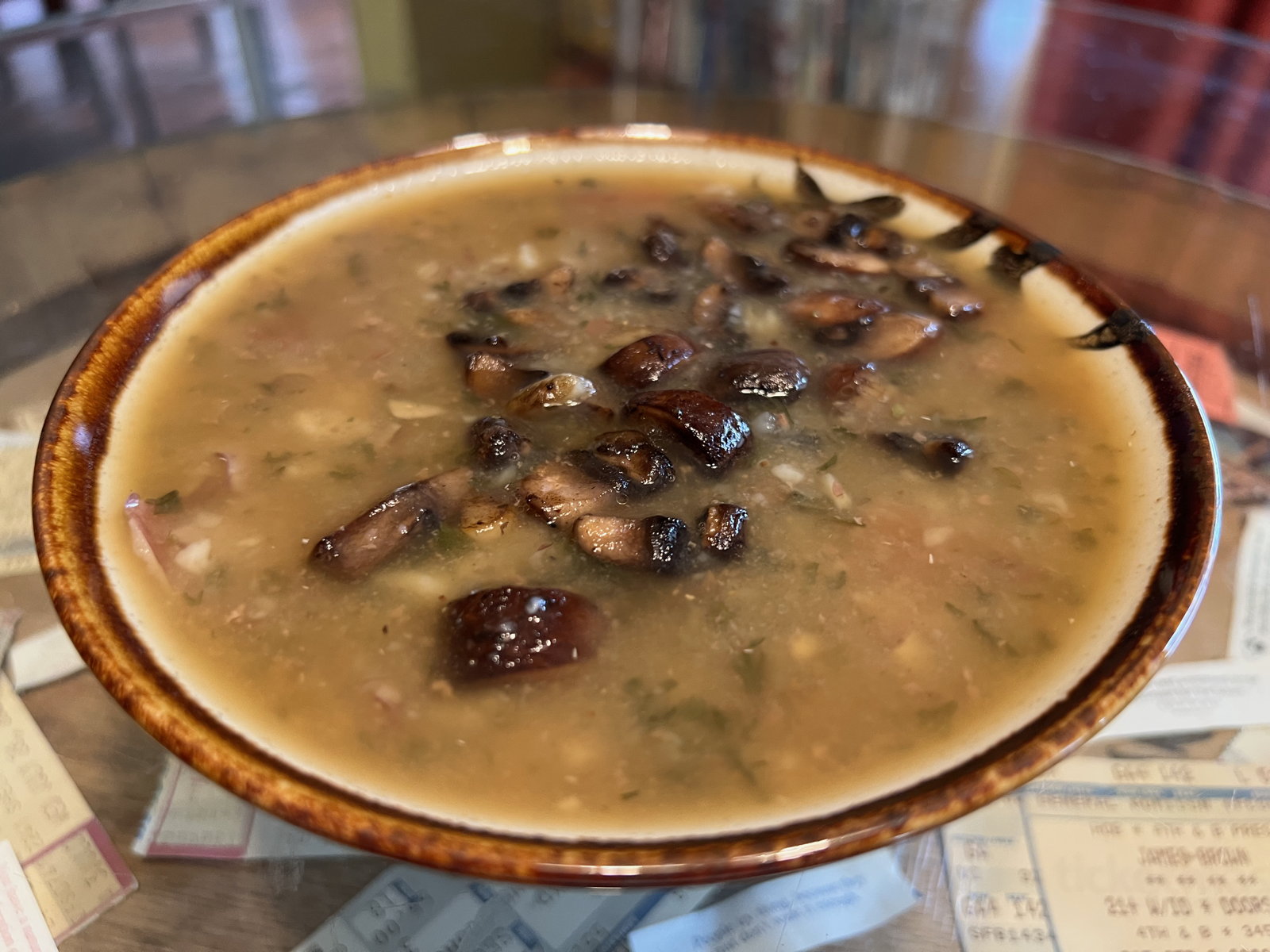 Tattered potato soup: Tattered potato soup, from Lee (Klingstein) Gold’s recipes of Leonora Wise Klingstein.; mushrooms; soups and stews; potatoes; Lee Gold