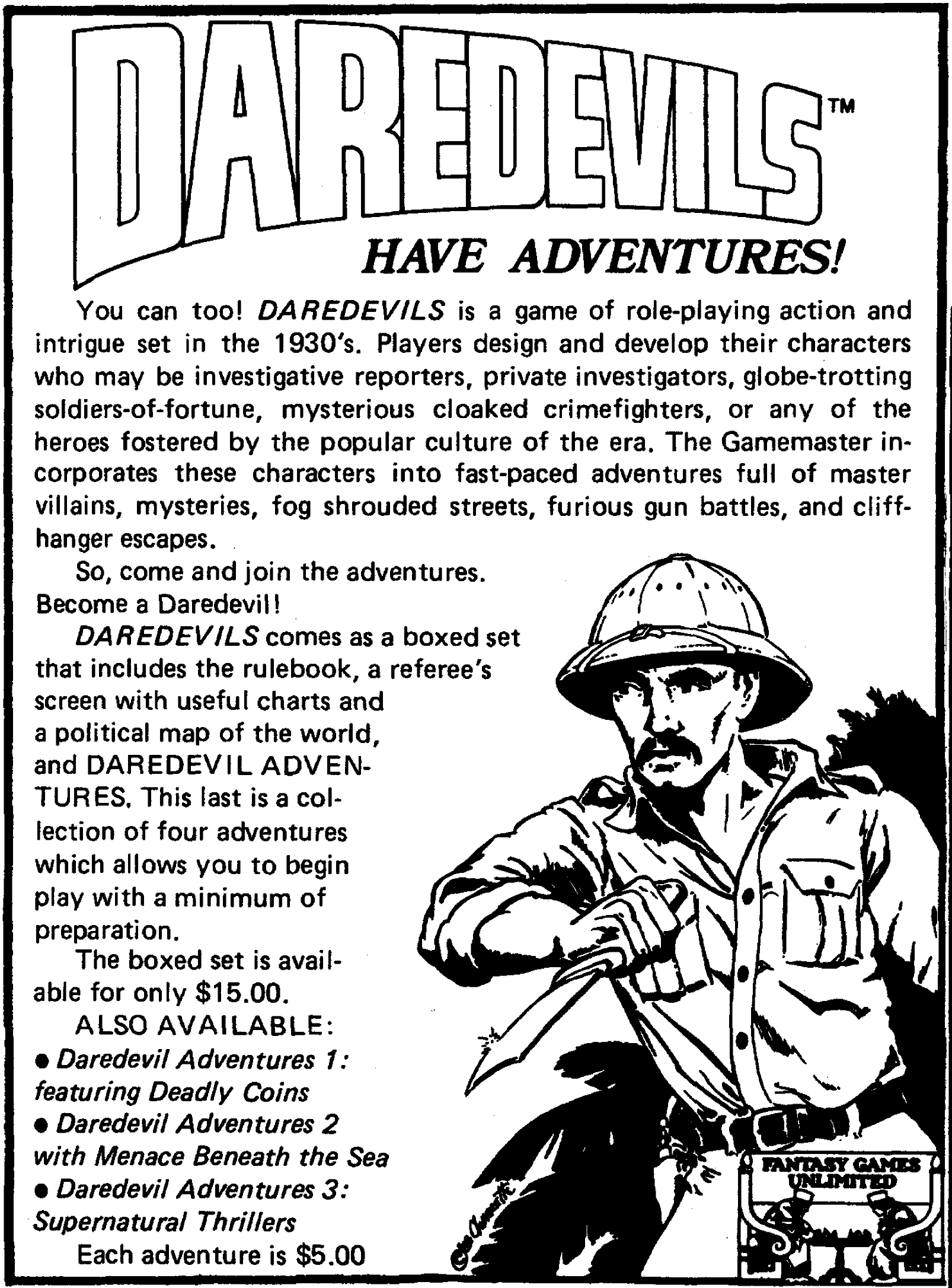 Daredevils ad (1984): Fantasy Games Unlimited’s Daredevils ad from the June 1984 Dragon magazine.; Dragon Magazine; advertisement; Daredevils RPG