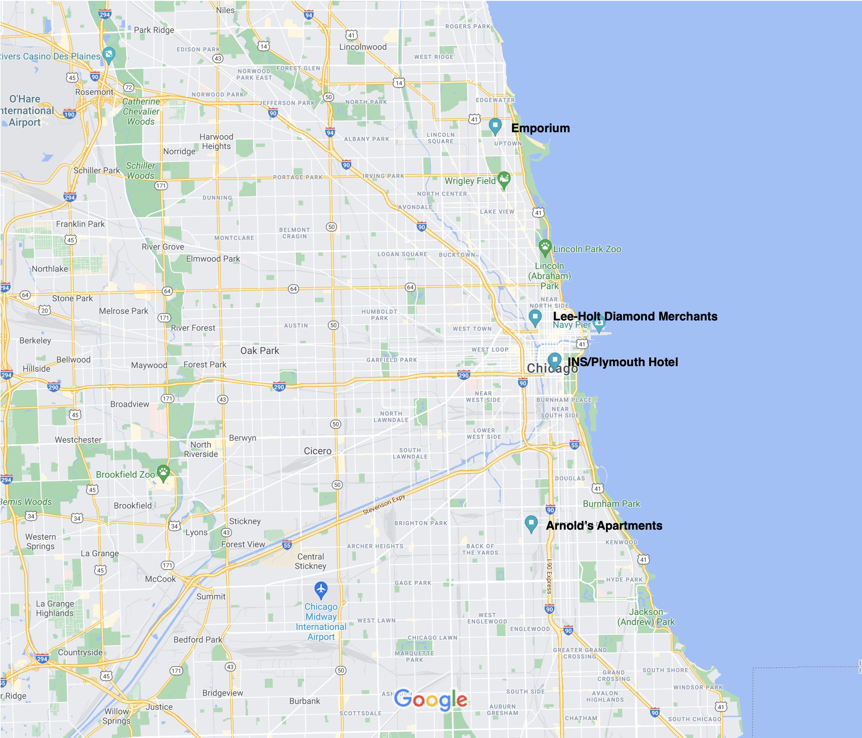 Montique Fantom locations: Chicago map (modern) with the major locations of The Montique Fantom marked.; Chicago; Daredevils RPG; map