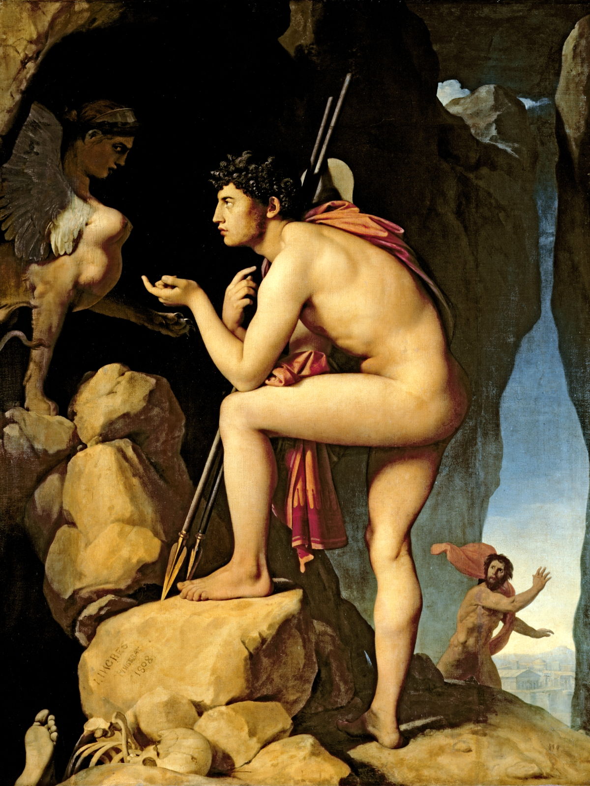 Oedipus and the Sphinx: Jean Auguste Dominique Ingres, 1808, Oedipus answer the riddle of the Sphinx.; paintings; Jean Auguste Dominique Ingres; Oedipus; sphinxes