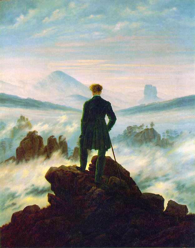 The wanderer above the sea of fog: Also known as Wanderer Above the Mist, composed in 1818 by German Romantic artist Caspar David Friedrich.; Caspar David Friedrich