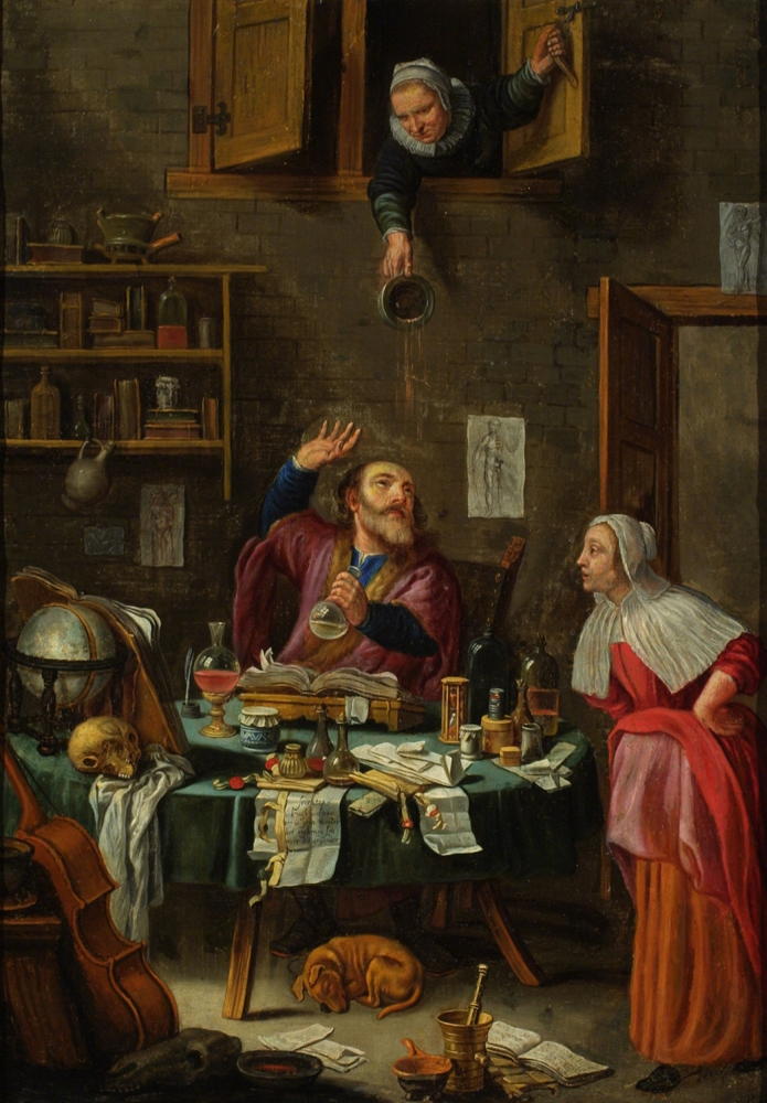 Trouble Comes to the Alchemist: Although the title suggests this is an image of an alchemist, the scene is one of a physician conducting a uroscopy for a female patient. Similar objects are used in both practices…”; human waste; sewage; alchemy