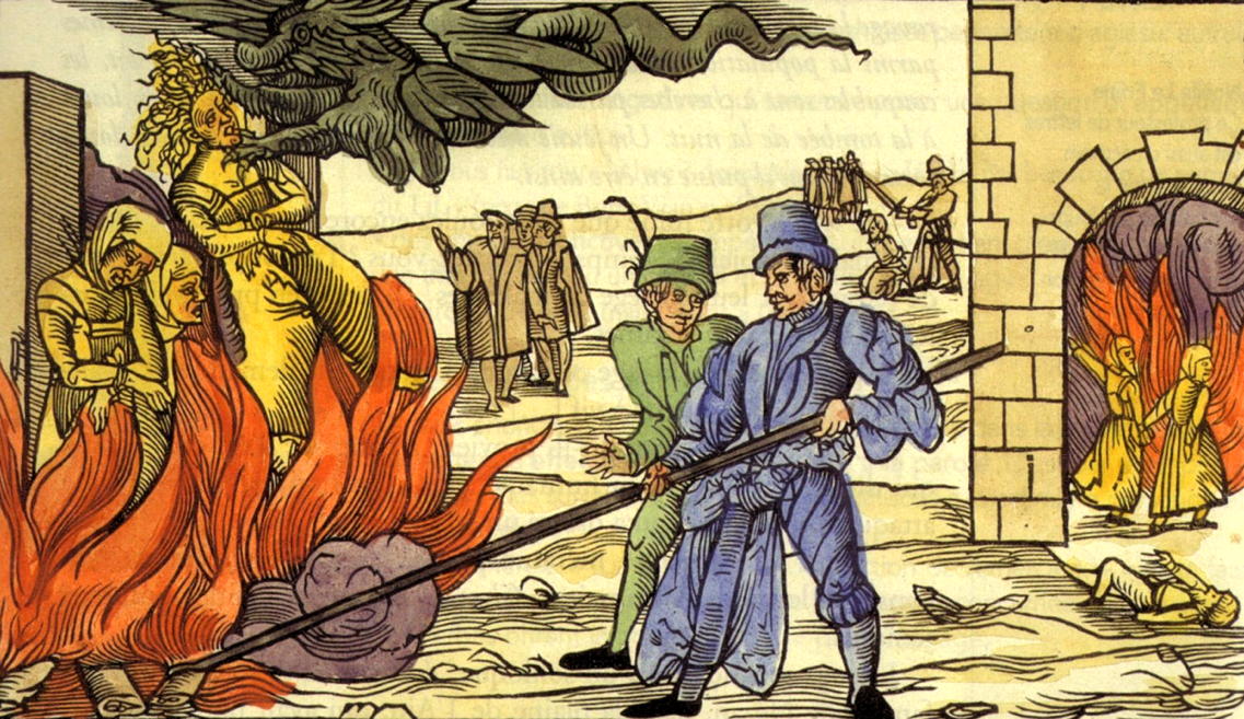 Burning witches: “Einblattdruck zu einer Hexenverbrennung in Derenburg (Grafschaft Reinstein) 1555.”; Medieval Life; witch trials