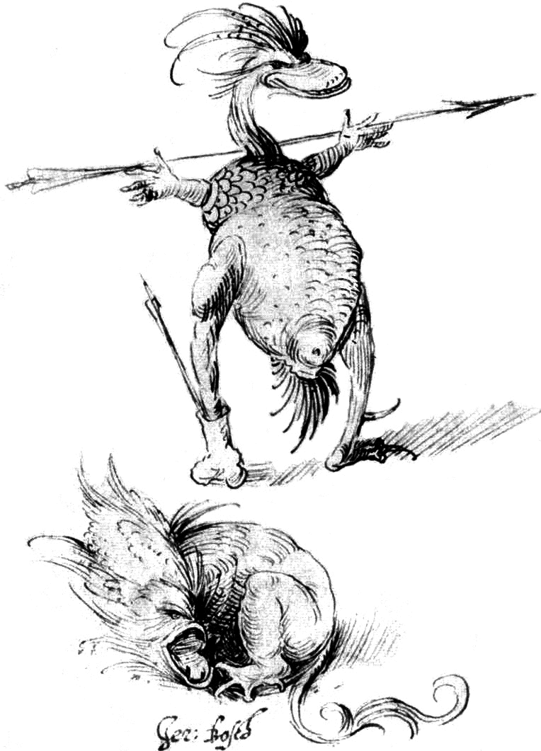 Two Monsters by Hieronymous Bosch: Two Monsters. Pen and bistre on paper. 163 × 117 cm. Berlin, Kupferstichkabinett.; monsters; Hieronymous Bosch