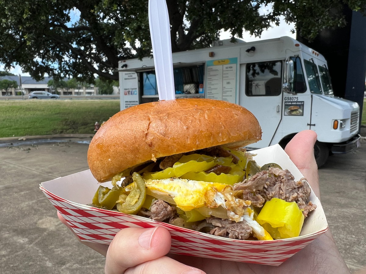 Egg Stand Steak and Egg It: The Steak and Egg It sandwich from the Eggstand, North Texas RPG Convention,  2026.; sandwiches; eggs; North Texas RPG Con; NTRPG Con; food trucks
