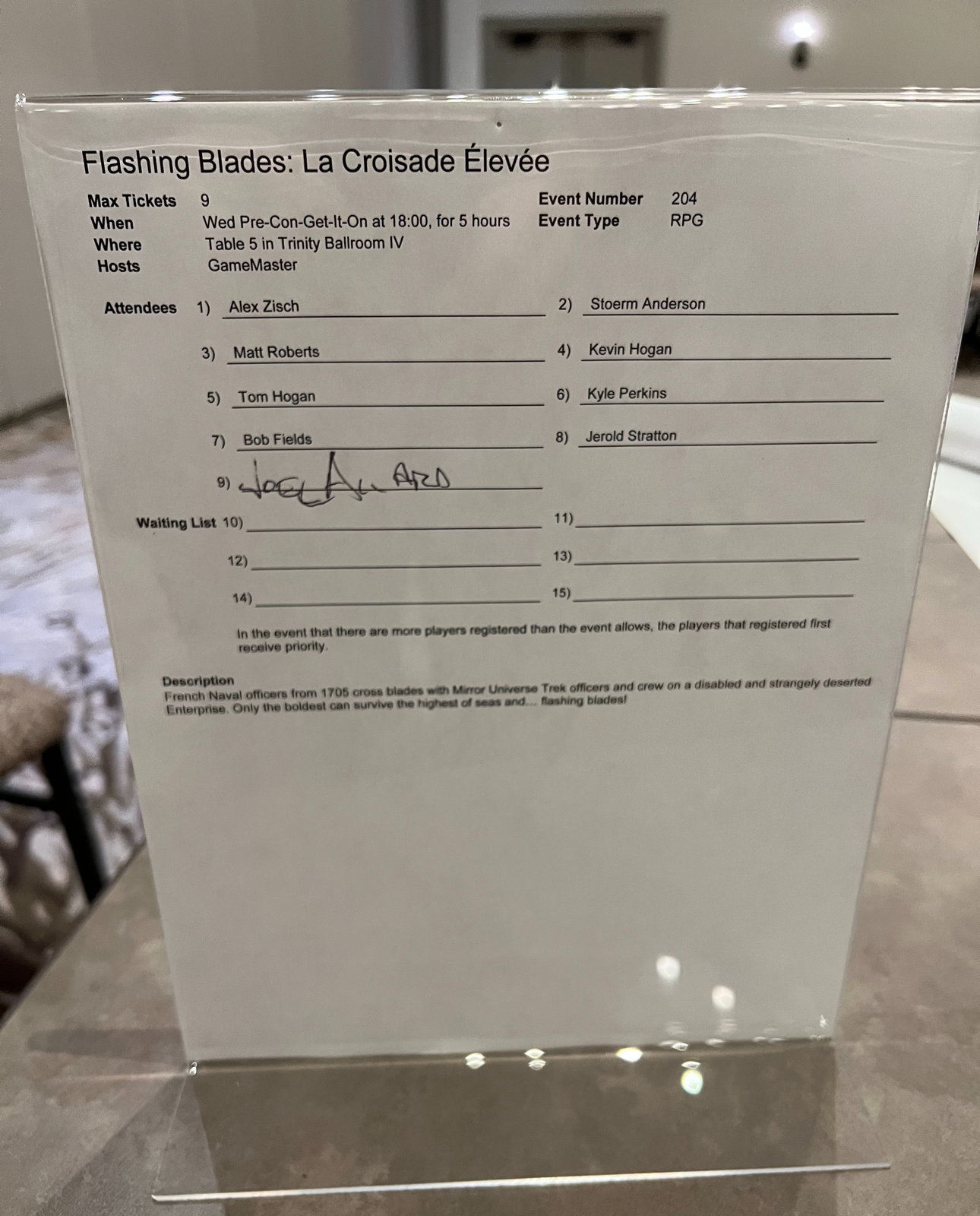 Flashing Blades 2026 sign-up sheet: The signup sheet for Flashing Blades: La Croisade Élevée at North Texas, 2026.; North Texas RPG Con; NTRPG Con; Flashing Blades