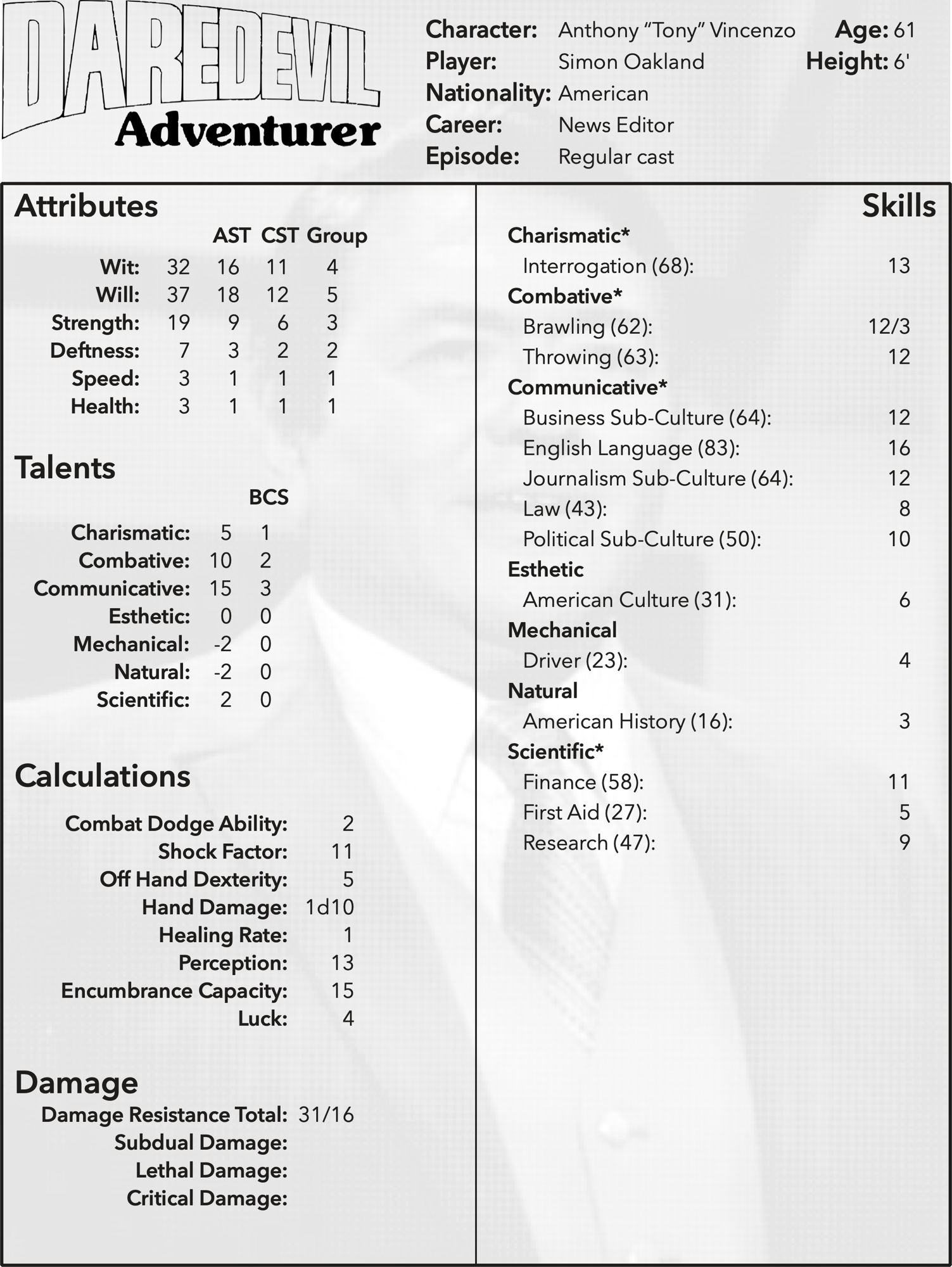 Daredevils Character Sheet: Tony Vincenzo: A Daredevils character sheet for Anthony Vincenzo of Kolchak: The Night Stalker.; Daredevils RPG; Kolchak: The Night Stalker