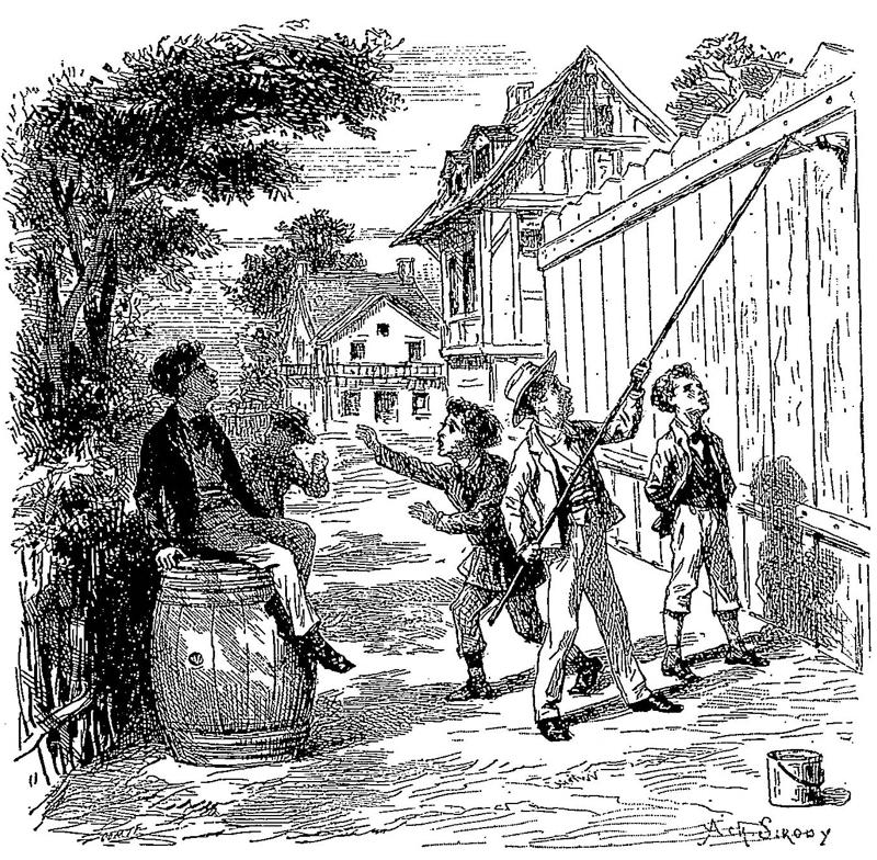 Tom Sawyer paints a fence: Tom Sawyer paints a fence by convincing his friends that painting is fun. Achille-Louis-Joseph Sirouy, 1884.; Mark Twain; persuasion