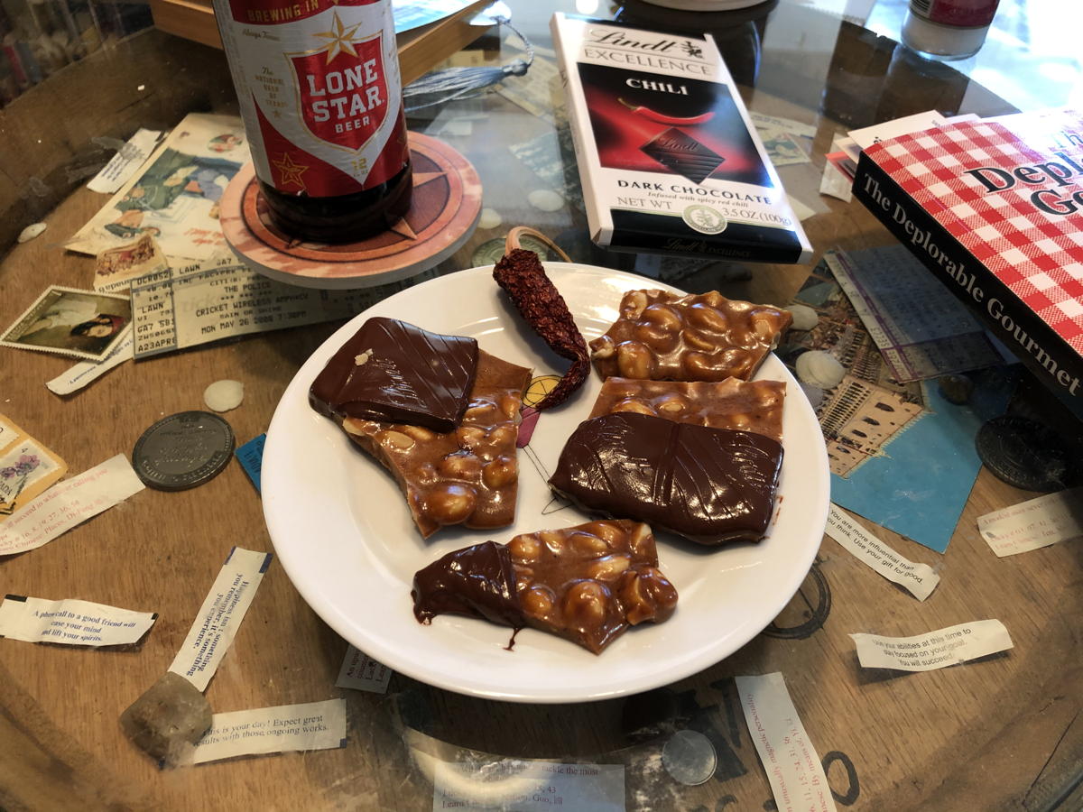 Beery Peanut Brittle: Beery peanut brittle, with cayenne and Lindt chocolate, from Oggi in The Deplorable Gourmet.; peanuts; candy; hot pepper; Ace of Spades; cookbooks; Missing Indexes; twenty-teens