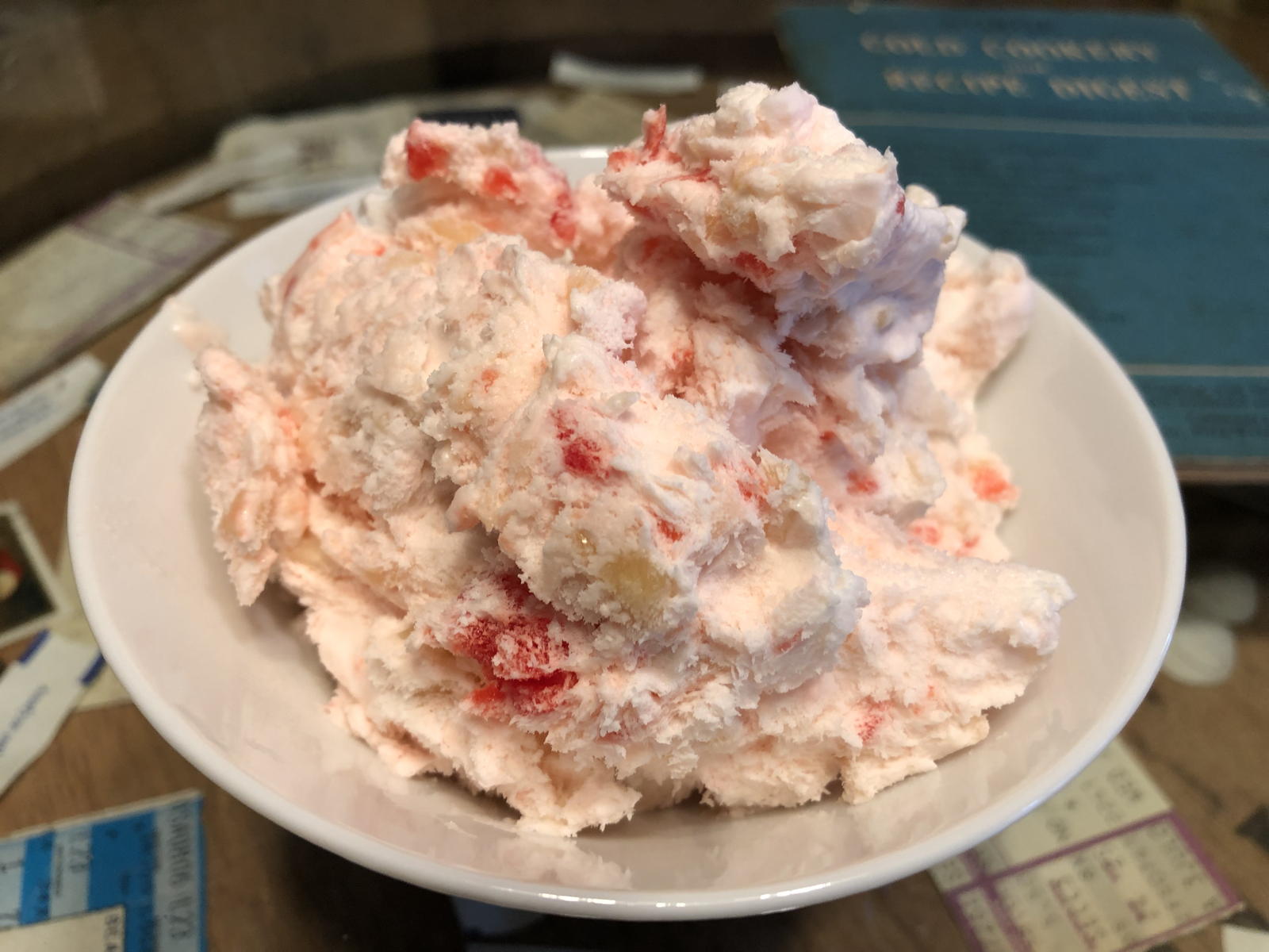 Norge cherry-almond ice cream: Cherry-almond ice cream from the 1947 Norge Cold Cookery refrigerator cookbook.; cookbooks; almonds; cherries; ice cream