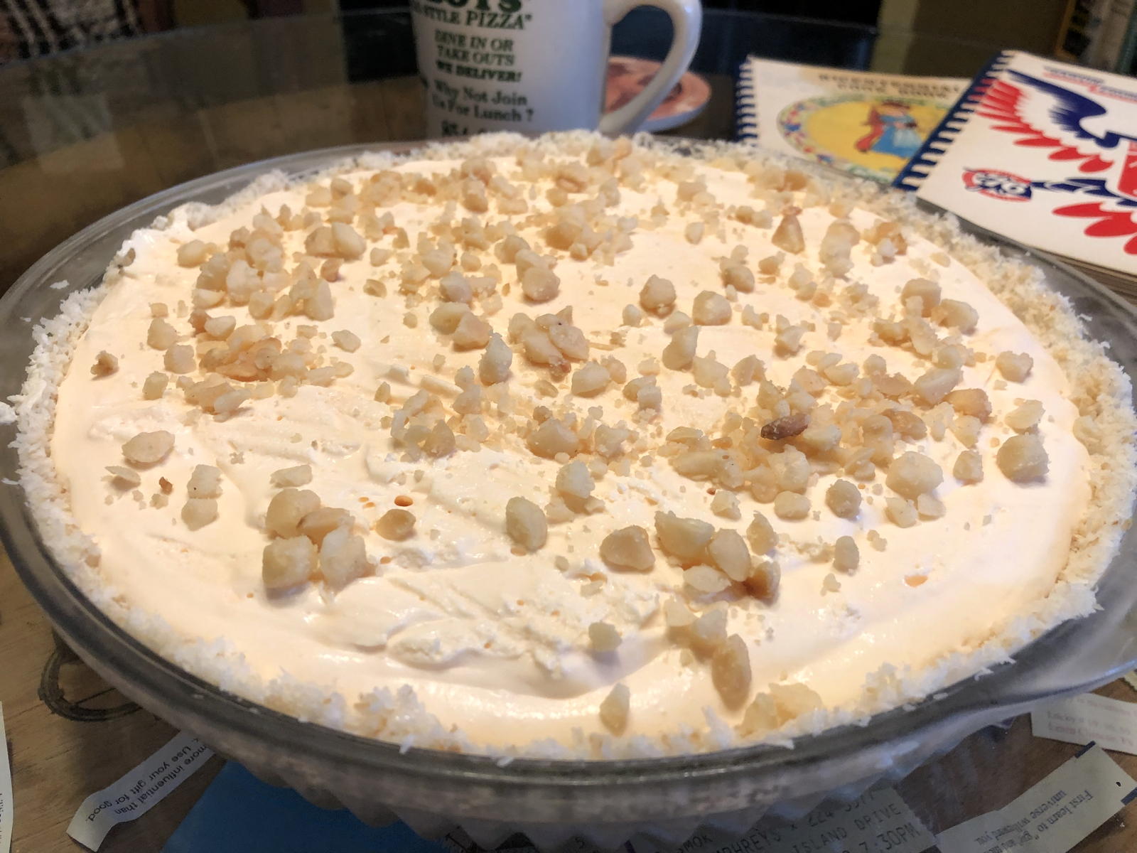 Bicentennial coconut orange pie: Coconut-orange pie, with a crust from the Garvin County Bicentennial Recipe Book, and filling from the Fruitport Bicentennial Cookbook.; cookbooks; pie; oranges; coconut; America’s Bicentennial