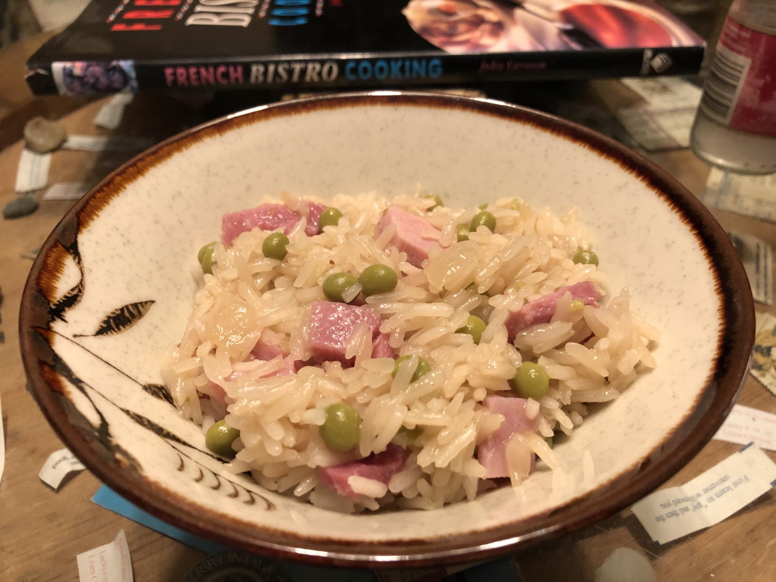 French Bistro ham, rice, and peas: Ham, rice, and peas from John Varnom’s French Bistro Cooking.; French; cookbooks; rice; ham