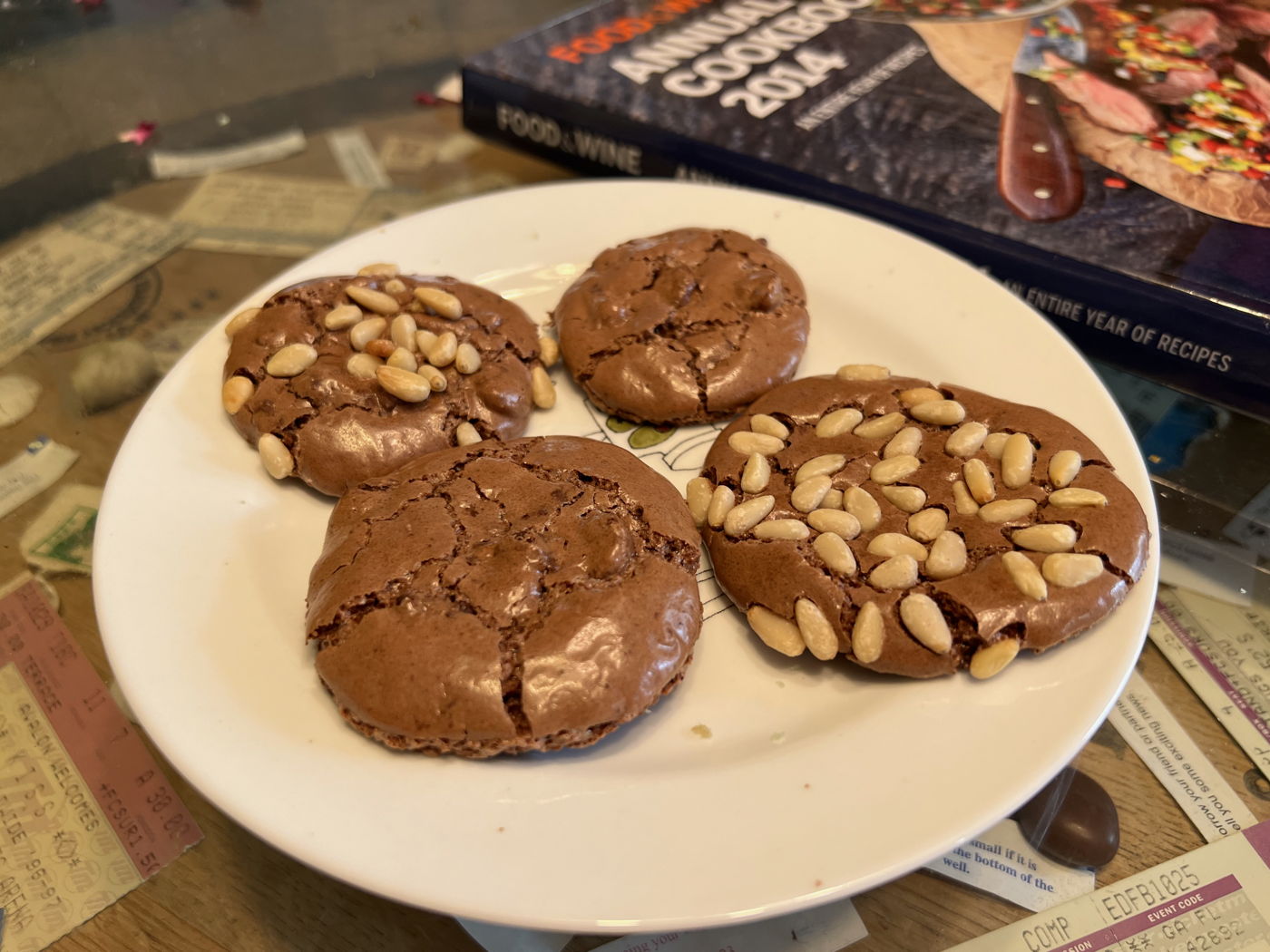 Chocolate Amaretti Pignoli: Grace Parisi’s Chocolate-Amaretti Cookies, from the 2014 Food & Wine annual.; chocolate; cocoa; cookies; Food & Wine Magazine; almonds; pine nuts; Grace Parisi