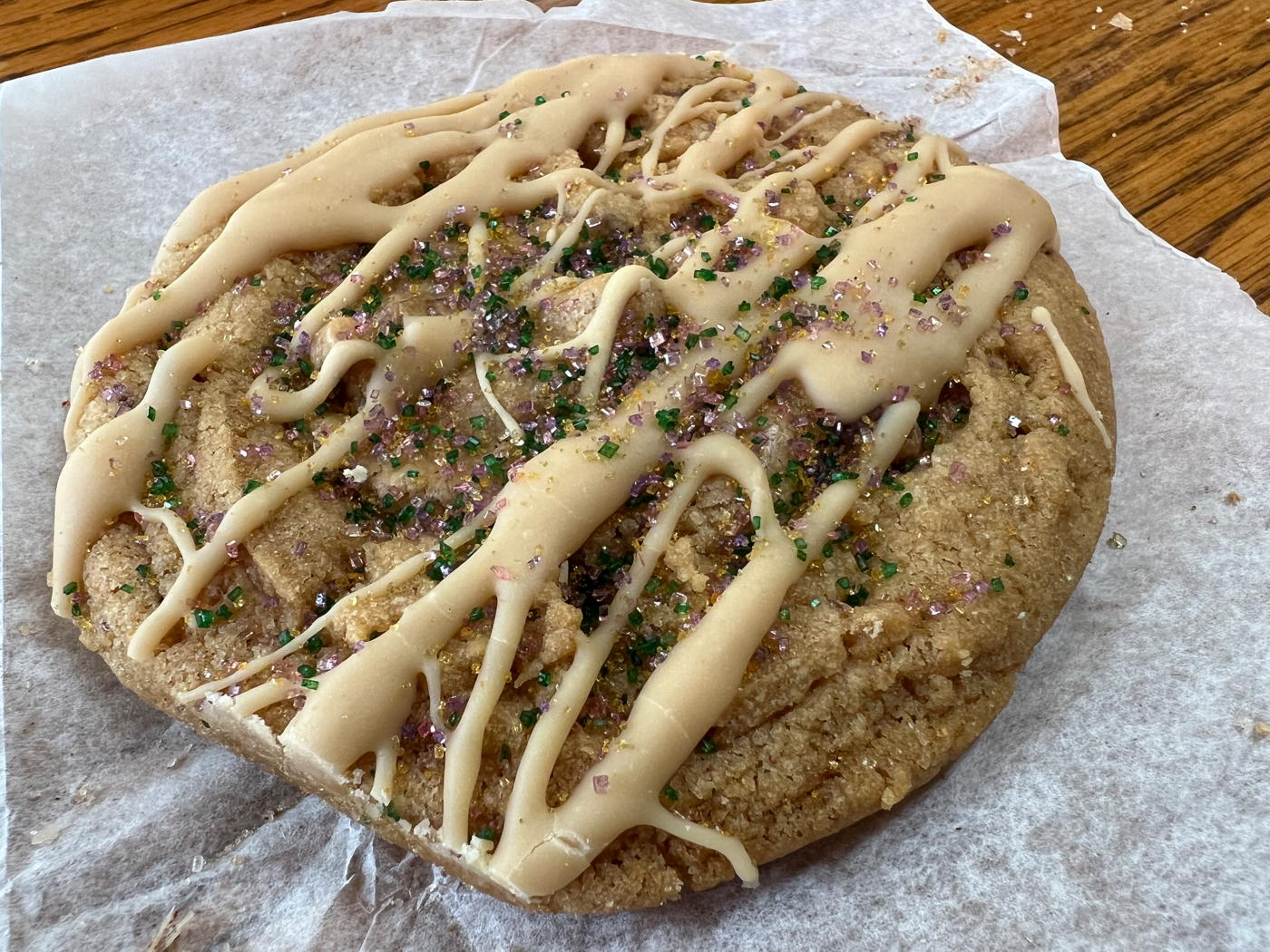 Loretta’s King Cake Cookie: King cake cookie at Loretta’s Authentic Pralines in New Orleans.; restaurants; New Orleans; cookies; Loretta’s Authentic Pralines