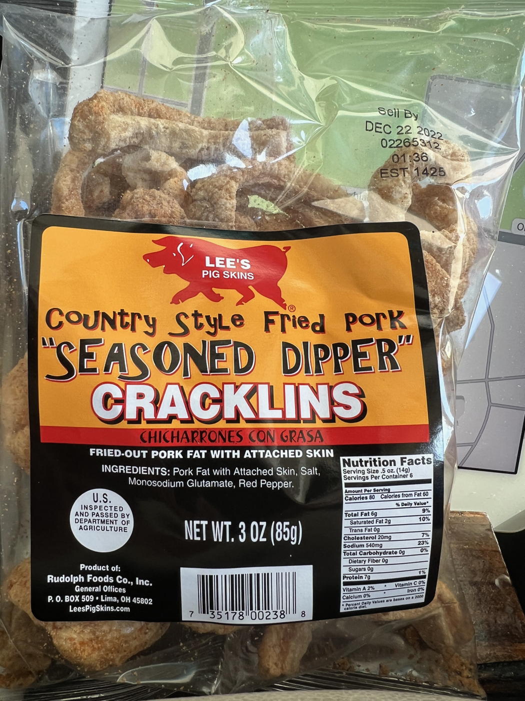 Lee’s Pig Skins Cracklins: Country style fried pork “seasoned dipper” cracklins from Lee’s Pig Skins.; salty snacks; pork; road food