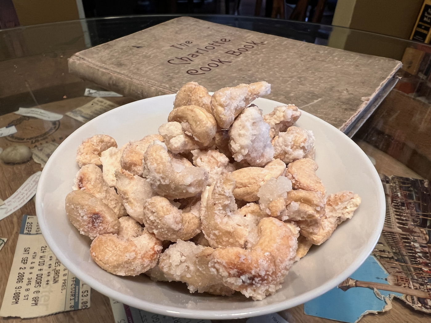Sugar-Frosted Cashews: Mrs. F.G. Smith’s Grilled Almonds, from the 1893 Charlotte Cook Book, of Charlotte, Michigan.; candy; cashews