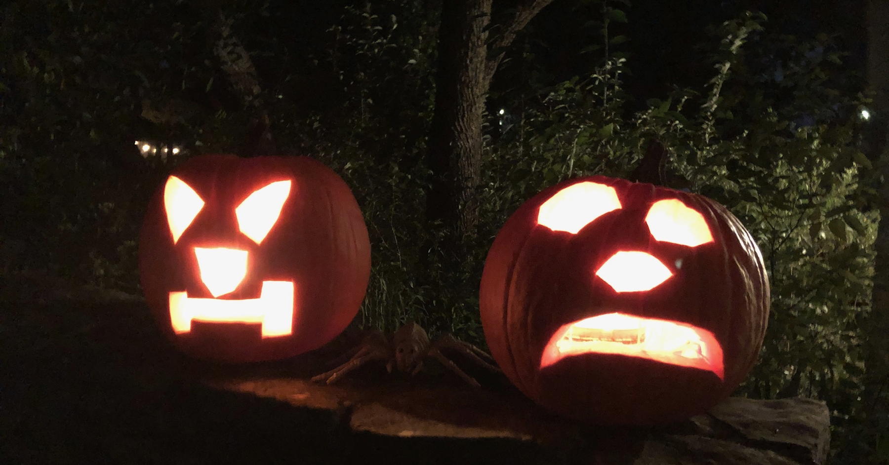 Jack-o-lantern pair: A pair of jack-o-lanterns burning in the night.; Hallowe’en; pumpkins