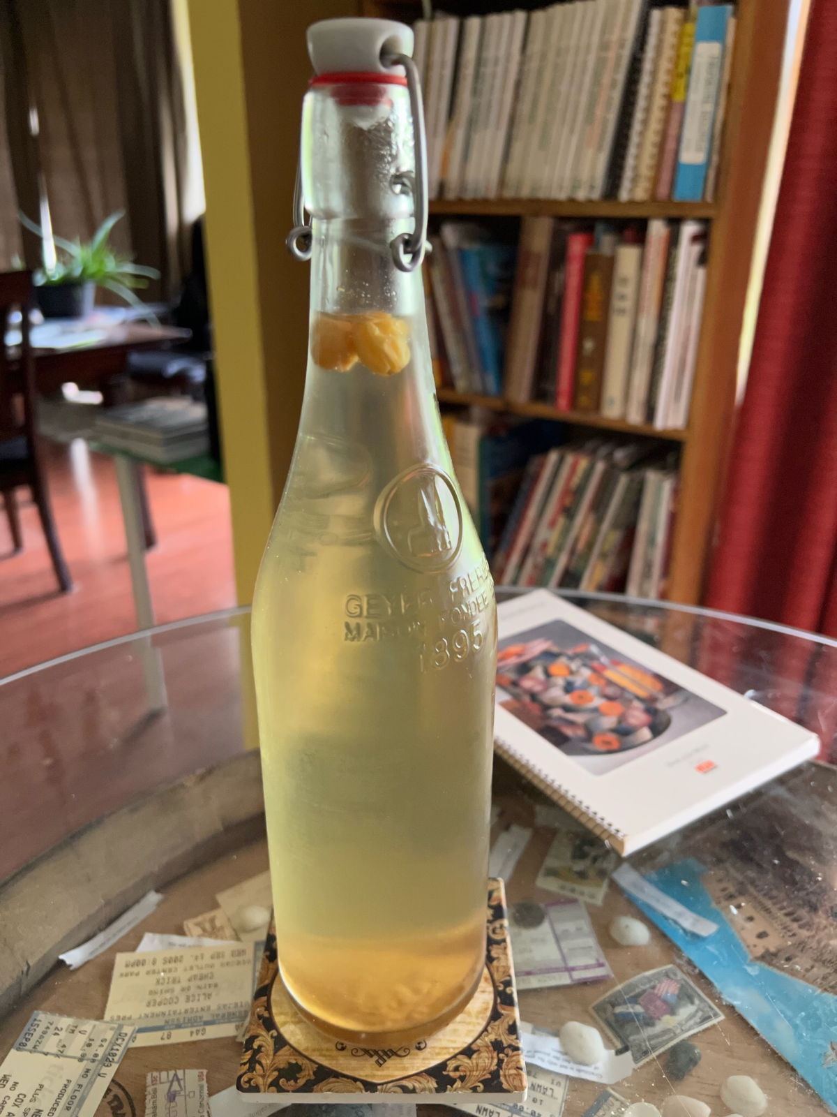Year-old lemon mead: A bottle of year-old lemon mead from the Foods of the World volume, The Cooking of Scandinavia.; lemons; Time-Life; Foods of the World; mead