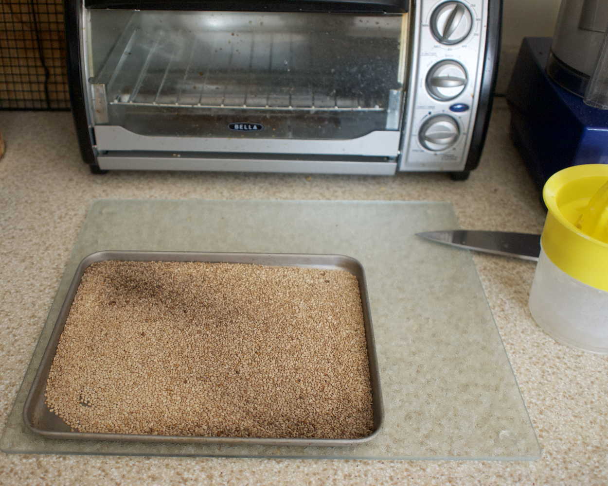 Toasted sesame seeds: Sesame seeds, after toasting in a toaster oven.; sesame; toaster oven